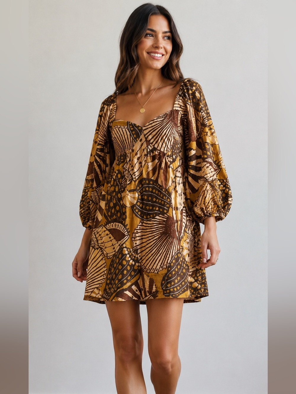 FARM Rio Brown Printed Mini Dress with Puff Sleeves